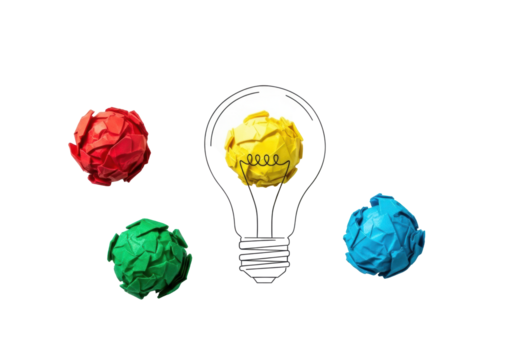 Four distinct crumpled paper balls (red, green, blue) surrounding a yellow one in a hand-drawn lightbulb, white background, soft shadows, concept of ideation and innovation