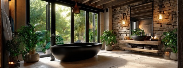 Une salle de bain avec une grande fenêtre donnant sur la nature, comprenant une baignoire magnifique noire, des plantes vertes, dans une ambiance de bois et de pierres, vue panoramique.