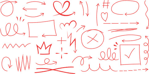 Hand Drawn Red Doodle Vector Set with Arrows and Shapes
