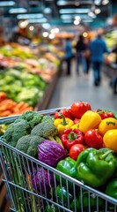 Un caddie rempli de légumes frais colorés au premier plan, produits en rayon et clients flous en arrière-plan.