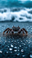 Un crabe rampant sur le sable noir, entouré de gouttelettes d'eau, arrière-plan présentant l'océan avec des tons bleu foncé et des vagues et de l'écume floue.