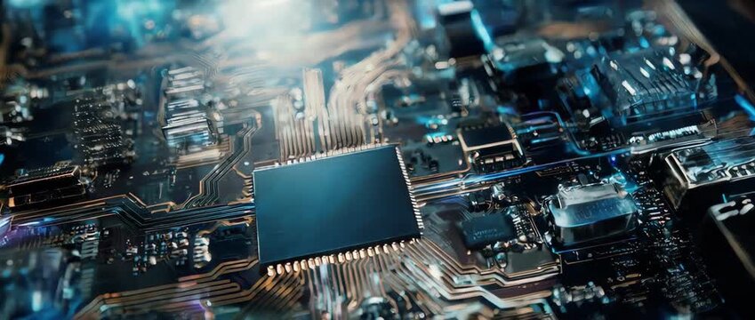 Futuristic Computer Circuit Board with Flowing Data Animation. This background is perfect for themes of technology, data processing, computer hardware, and innovation.