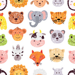 Animal faces seamless pattern. Animals children crayon drawing style, funny cow monkey bear panda pig frog. Kids print for fabric wrapping, neoteric vector background