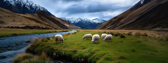 Des moutons broutant de l'herbe verte près d'une rivière avec des montagnes enneigées magnifiques en arrière-plan, vue panoramique.