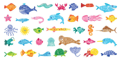 Crayon drawing sea animals. Children style drawn fish seal turtle. Bright exotic fish, underwater characters, octopus seahorse, neoteric vector set