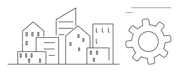 Outline of diverse urban structures and a gear suggesting technology, progress, and teamwork. Ideal for urban planning, innovation, teamwork, automation, infrastructure, strategy process
