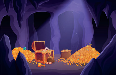Treasure cave. Dark cave in mountain or rock with wooden chest with gold coins, golden cup, gems, crown. Cartoon pirate or king treasures, sapid vector illustration