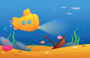 Submarine concept. Underwater boat with light, ocean animals and nature, plants seaweeds. Sand bottom with stones, cartoon bright sapid vector scene