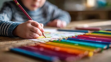 Childhood creativity: The image captures a young child engrossed in the process of drawing with colorful pencils on a wooden table, highlighting the joys of childhood.