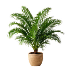 Fototapeta premium Lush green palm tree in a beige woven pot, isolated on black background