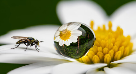 Tiny Ecosystem (Leucanthemum vulgare) Pollinating fly-like insect on a solitary daisy in a summer meadow symbolizing harmony