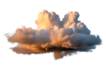 Dramatic cumulus cloud formation illuminated by golden sunset light isolated on transparent background
