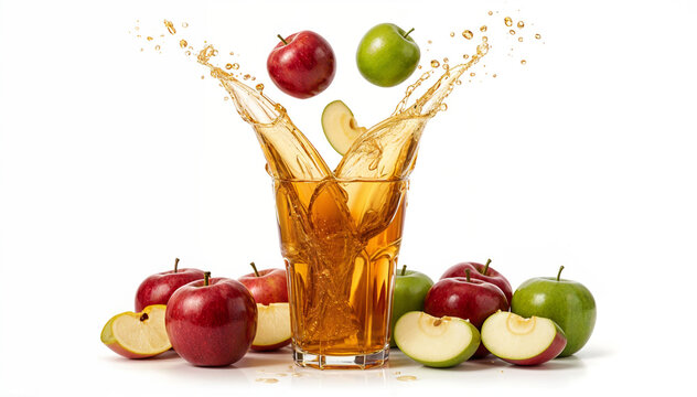 Fresh Apple Juice Splash with Red and Green Apples on White Background