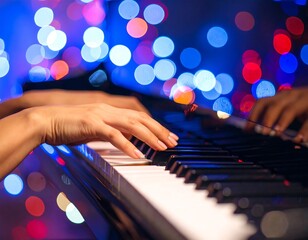 Hands playing piano keys in a dimly lit room with colorful bokeh