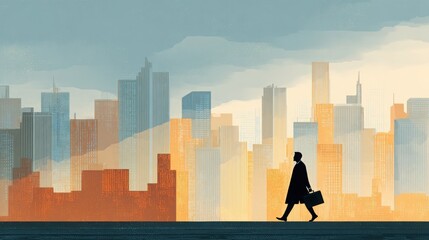 Urban Journey Silhouette: A lone figure, briefcase in hand, strides purposefully against a stunning cityscape backdrop, symbolizing the daily commute or individual journey in a bustling metropolis. 
