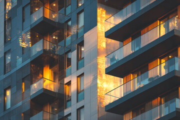 Obraz premium Close-up of a modern apartment building at sunset. The glass facade and balconies reflect a dramatic, warm golden light, contrasting with the dark blue exterior panels.