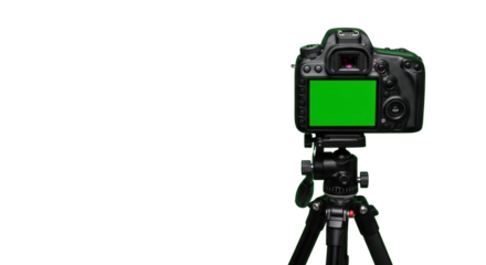 Black dslr digital camera with green screen lcd, mounted on black tripod in clean, professional studio with vibrant green background and copy space, studio production technology concept