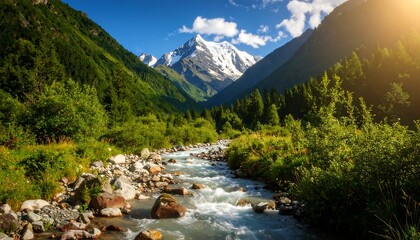 Mountain stream flowing through a lush valley