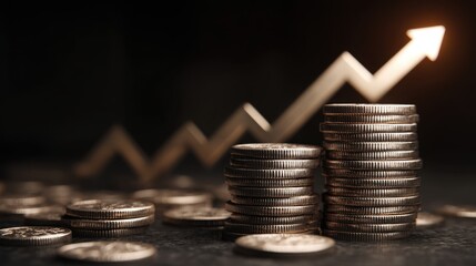 Stacked Coins on a Dark Surface with an Upward Trend Arrow Symbolizing Financial Growth and Investment Opportunities in Business and Economy