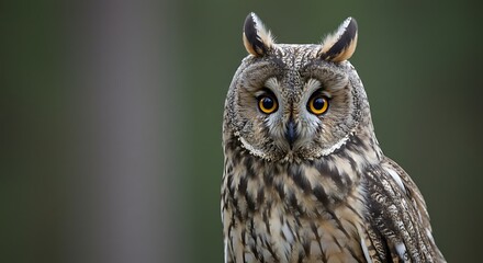 Detailed close up portrait of a long eared owl in natural environment
