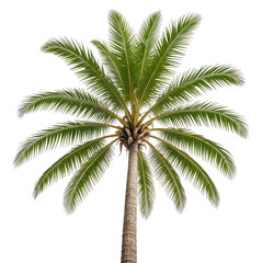 Isolated image of a healthy, detailed coconut palm tree with green leaves, on black background