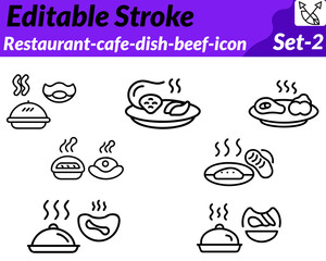 Restaurant café dish beef icon. character in a modern vector style. showing a serving plate with a beef steak, steam lines fork and knife, or cloche cover. Represents dining fresh meals steakhouse.