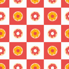 Vector seamless checkered pattern with donuts in red and white squares. Sweet dessert illustration for bakery, cafe, textile and design.