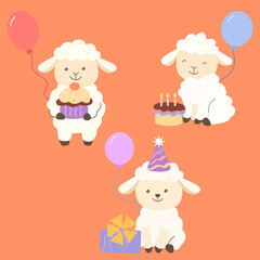 Vector clipart with cute birthday lambs holding balloons, cake and gifts. Festive cartoon illustration for party design and decoration.