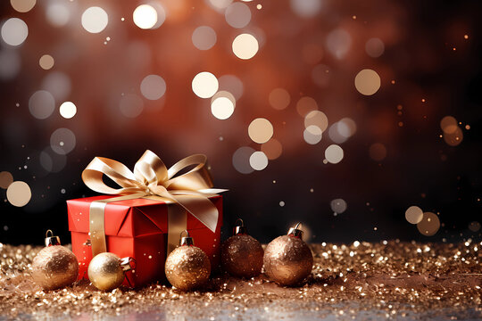 Red and gold chrismtas background with blurred background focus on a redd wrapped gift tied with gold ribbon and gold baubles and glitter 