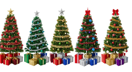 Seven richly decorated green Christmas trees with colorful ornaments, LED lights, tinsel, unique finials, gift boxes on transparent background Christmas holiday celebration concept