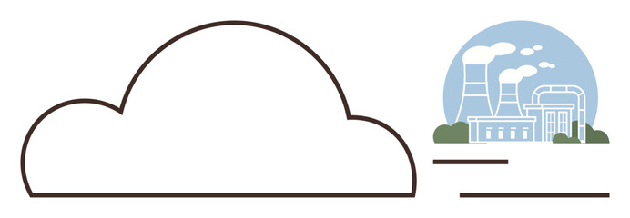 Factory buildings with smoke stacks emitting fumes inside an outlined cloud. Ideal for sustainability, pollution, environment, energy, climate change, eco-issues, industry. Simple flat metaphor