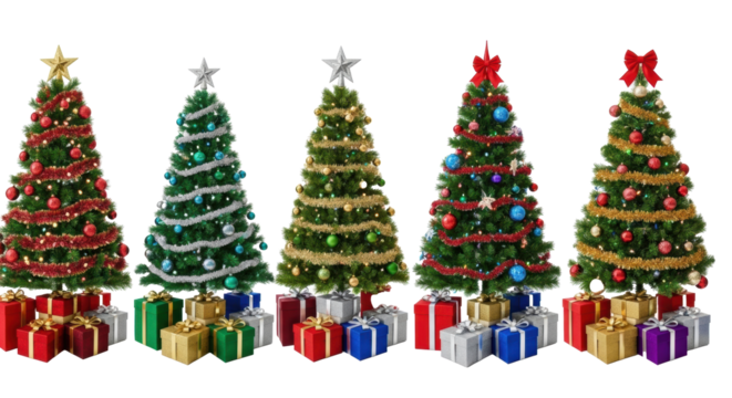 Seven richly decorated green Christmas trees with colorful ornaments, LED lights, tinsel, unique finials, gift boxes on transparent background Christmas holiday celebration concept