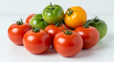 Fresh red, green, and yellow tomatoes on a white background. A colorful assortment of ripe and unripe vegetables. Healthy eating and organic harvest concept.