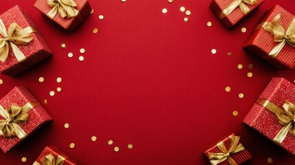 Festive gift boxes arranged in a decorative pattern with gold confetti on a vibrant red background for holiday celebrations and seasonal events