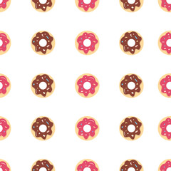 Vector seamless pattern with donuts in chocolate and pink icing on light beige background. Perfect for bakery, textile, kids design and wrapping.