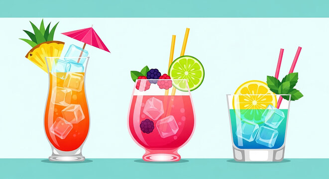 Colorful summer cocktails menu with refreshing fruity drinks