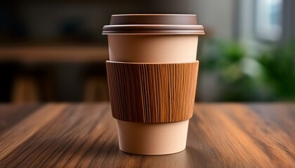 Craft Coffee Takeaway Cup With Two Tone Clay Texture Featuring Wooden Sleeve For Insulation This Stylish Cup Is Perfect For Enjoying Beverages On Go