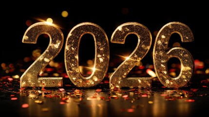 Glittering Golden Numbers Representing the Year 2026 Surrounded by Confetti and Light Reflections on a Dark Background