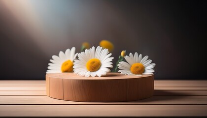 Daisies Lie On A Wooden Podium