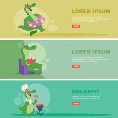 Crocodile. funny reptile mascot in action poses. vector banners