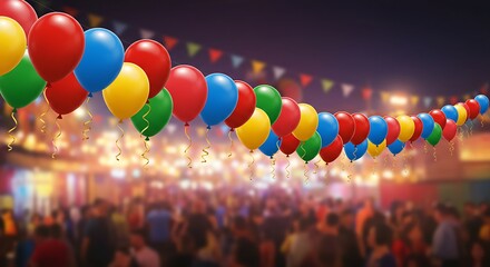 Colorful balloons float above a crowd at a festive outdoor celebration