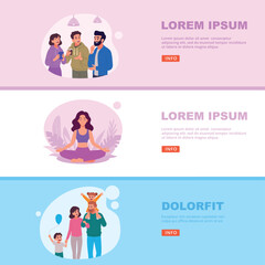 Harmony life. harmonic characters in daily routine. happy family sport woman and happy friendship on banners