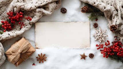 Obraz premium Cozy Holiday Background with Soft Knitted Blanket, Gift Box, Pine Cones, Berries, Snow, and Wooden Plate for Festive Celebrations and Seasonal Decoration
