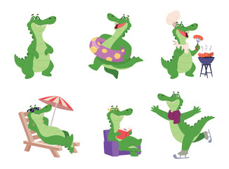 Cute crocodile. Funny mascot alligator in different profession exact cartoon animal activity
