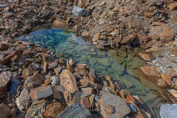 Mountains and glaciers reflected on a crystal clear pond. Vallelunga, Alto Adige, Italy