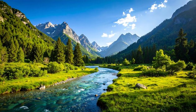 Mountain stream flowing through lush valley