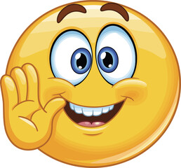 Cartoon smiley face waving hand, cheerful yellow emoji with big eyes, friendly greeting expression and raised palm, flat vector illustration