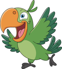 Cheerful cartoon parrot character mascot with open wings and vibrant orange beak, playful bird illustration, avian mascot concept, flat vector illustration