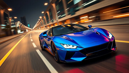 Blue car. Car drives quickly along the highway