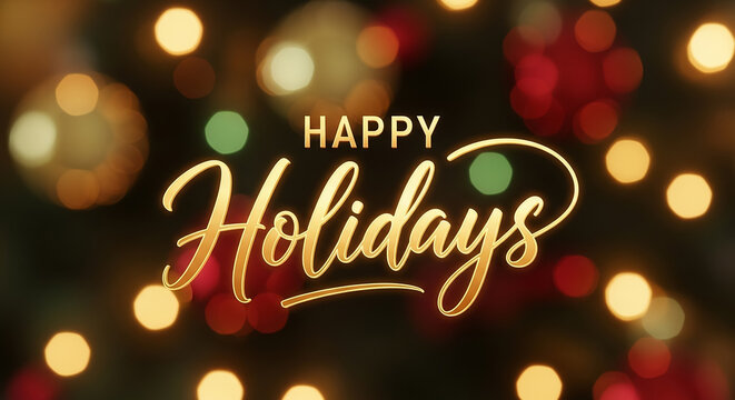 Happy holidays greeting lettering with christmas bokeh lights